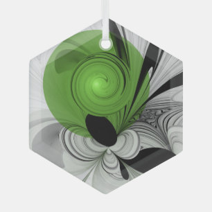 Abstract Black and White with Green Fractal Art Glass Tree Decoration