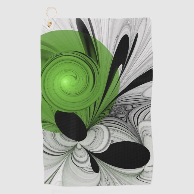 Abstract Black and White with Green Fractal Art Golf Towel (Front)