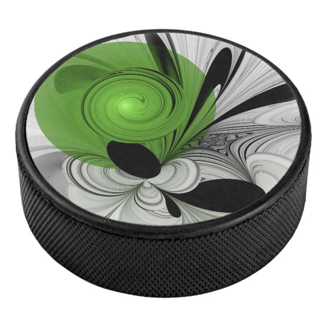 Abstract Black and White with Green Fractal Art Hockey Puck (3/4)