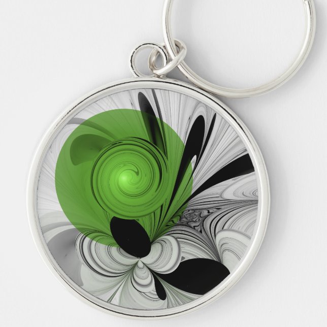 Abstract Black and White with Green Fractal Art Key Ring (Front)