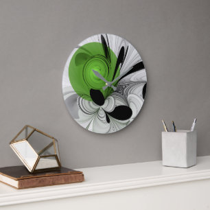 Abstract Black and White with Green Fractal Art Large Clock