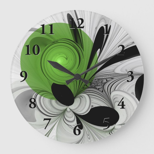 Abstract Black and White with Green Fractal Art Large Clock (Front)