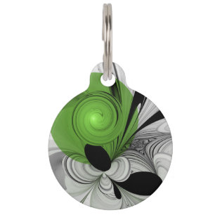 Abstract Black and White with Green Fractal Art Pet Tag