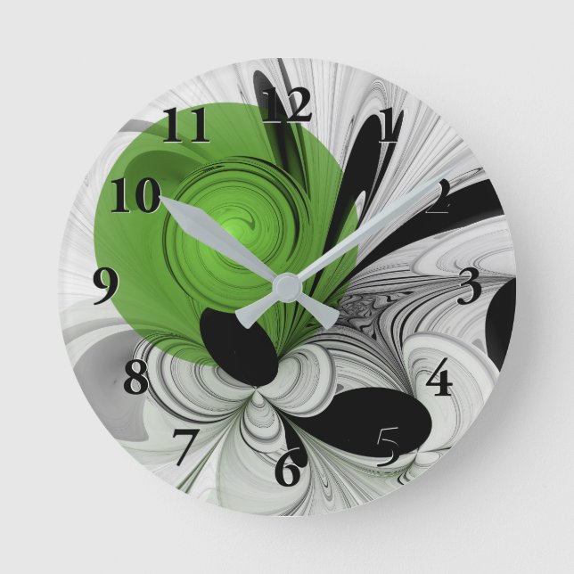 Abstract Black and White with Green Fractal Art Round Clock (Front)
