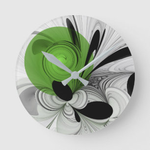 Abstract Black and White with Green Fractal Art Round Clock