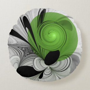 Abstract Black and White with Green Fractal Art Round Cushion