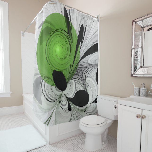 Abstract Black and White with Green Fractal Art Shower Curtain (In Situ)