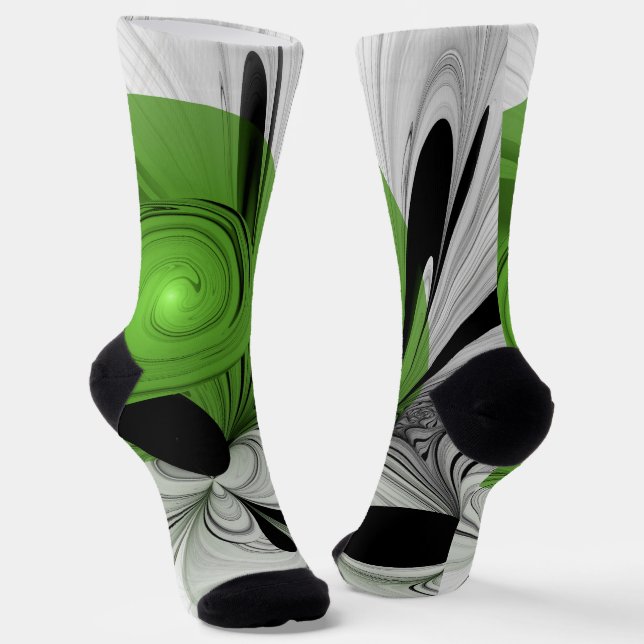 Abstract Black and White with Green Fractal Art Socks (Angled)