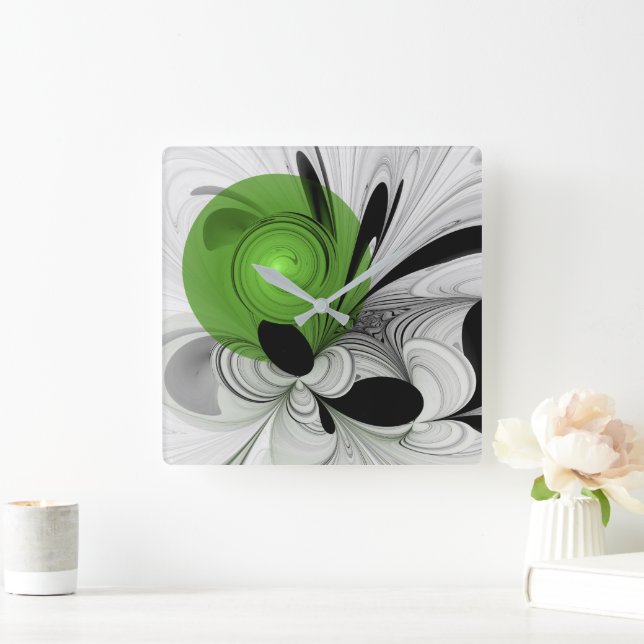 Abstract Black and White with Green Fractal Art Square Wall Clock (Home)