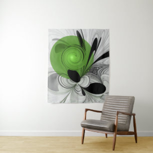 Abstract Black and White with Green Fractal Art Tapestry
