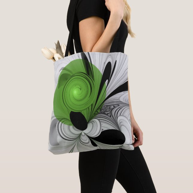 Abstract Black and White with Green Fractal Art Tote Bag (Close Up)