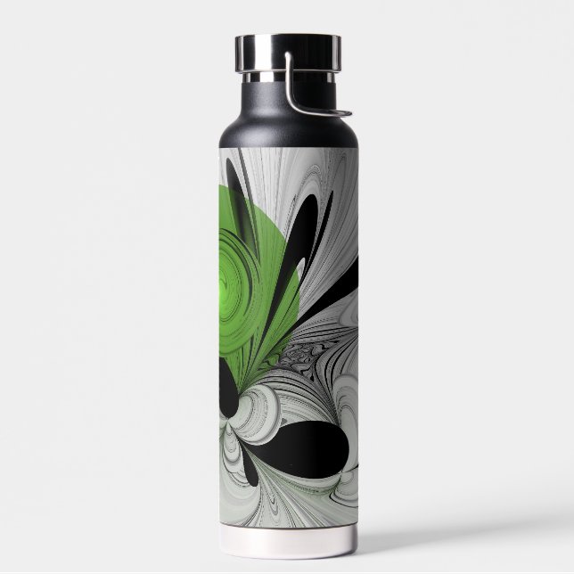 Abstract Black and White with Green Fractal Art Water Bottle (Left)