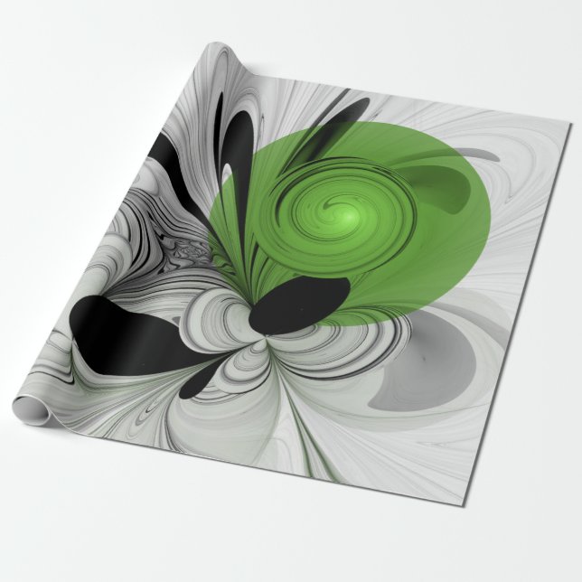 Abstract Black and White with Green Fractal Art Wrapping Paper (Unrolled)