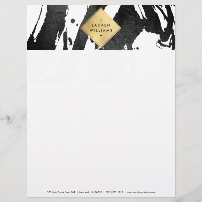 Abstract Black Brushstrokes Faux Gold Foil Diamond Letterhead Template (Front)