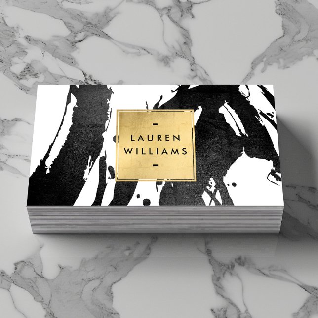 Abstract Black Brushstrokes with Faux Gold Foil Business Card (Creator Uploaded)