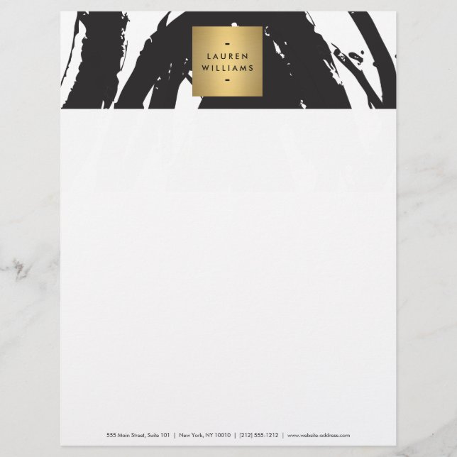 Abstract Black Brushstrokes with Gold Name Logo Personalized Letterhead (Front)