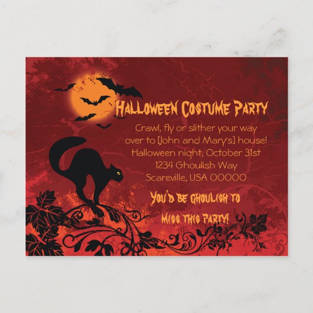 Abstract Black Cat and Bats Halloween Party Invite (Front)