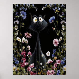 Abstract Black Cat Colourful Wild Flowers Poster