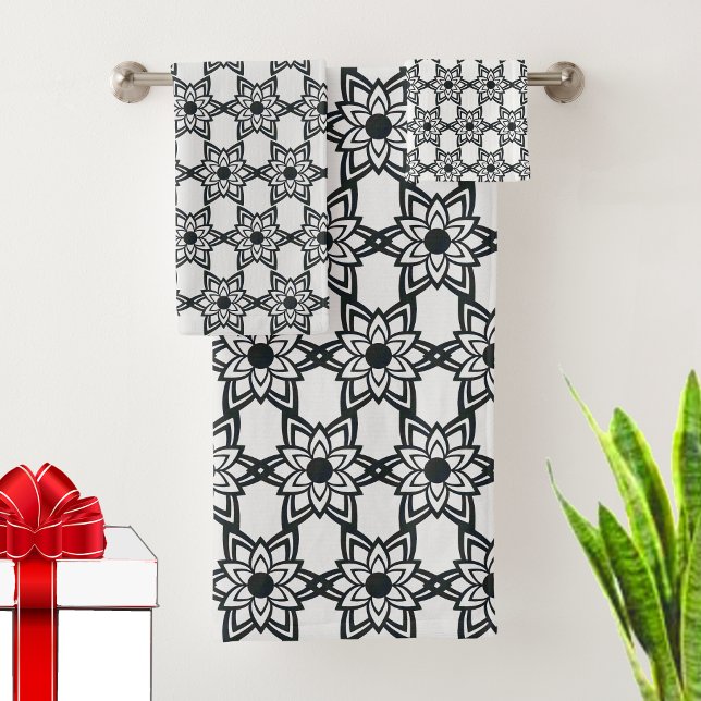 Abstract Black Flower Mandala Pattern on White Bath Towel Set (Creator Uploaded)