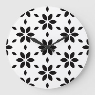 Abstract Black Flower Petals on White Background Large Clock