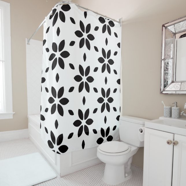 Abstract Black Flower Petals on White Background Shower Curtain (In Situ)