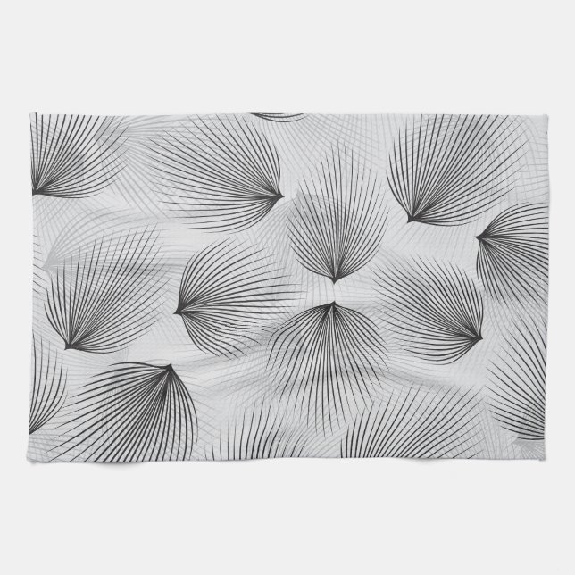 Abstract Black Flowers: Grey Elegance. Tea Towel (Horizontal)