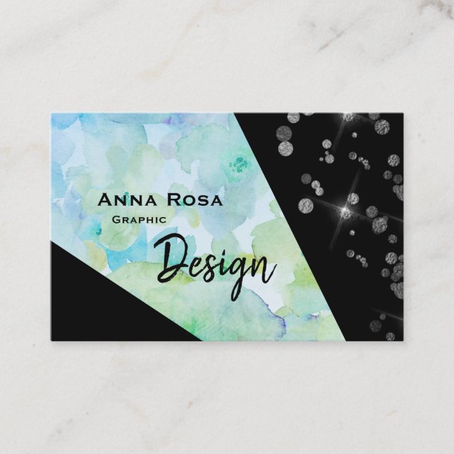 *~* Abstract Black Glitter Modern Geometric Floral Business Card (Front)