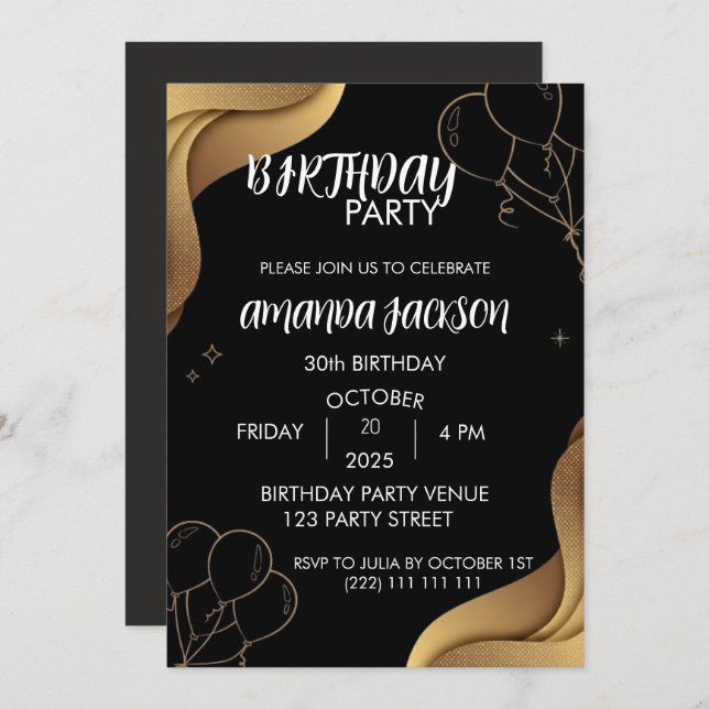 Abstract Black Gold 30th Birthday Invitation (Front/Back)