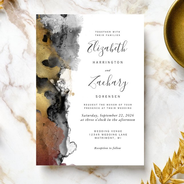 Abstract Black Gold Ink Border Wedding Invitation (Creator Uploaded)