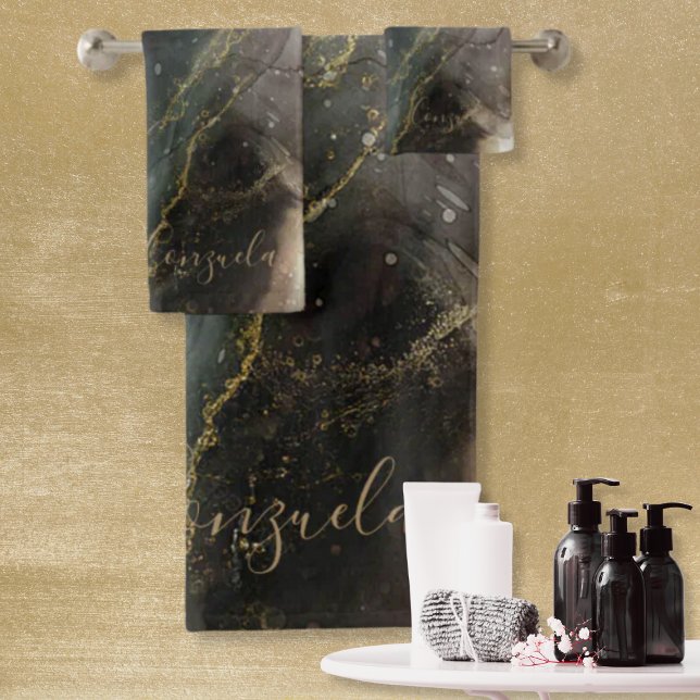 Abstract Black Gold Marble Bath Towel Set (Creator Uploaded)