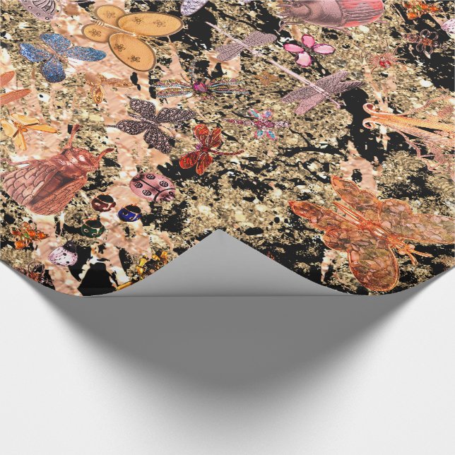 Abstract Black Gold Meadow Butterfly Insects Gems Wrapping Paper (Corner)
