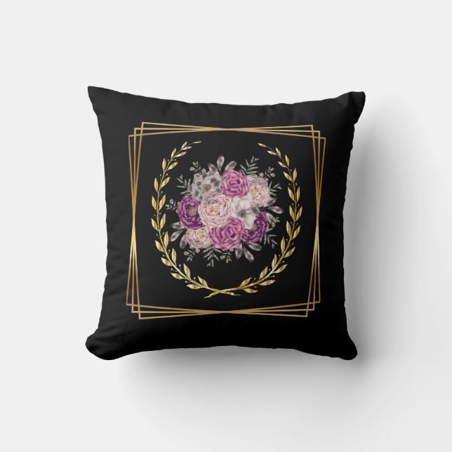 Abstract Black Gold Purple Floral Boho Trending  Cushion (Front)