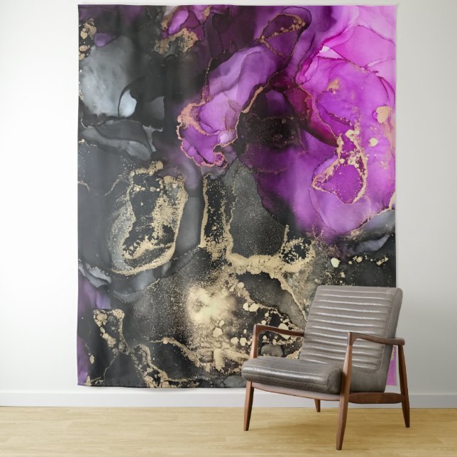 Abstract Black Gold Purple Unique Art Tapestry (In Situ)