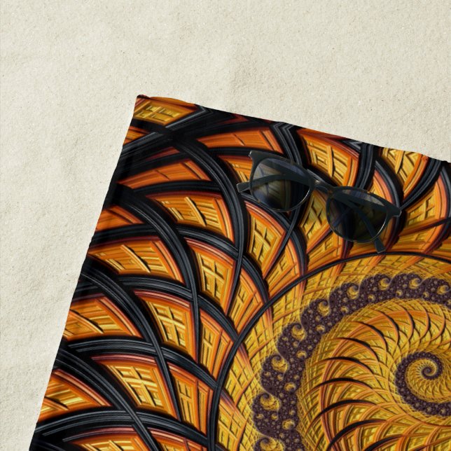 Abstract Black Gold Spiral Fractal Beach Towel (In Situ)