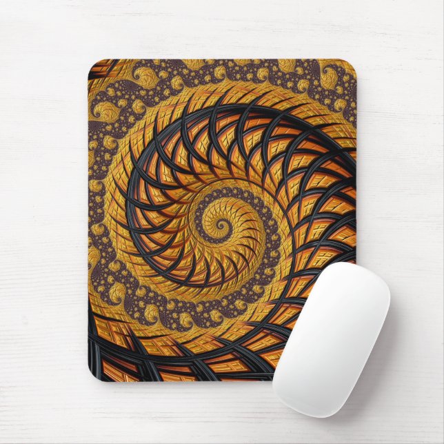 Abstract Black Gold Spiral Fractal Mouse Mat (With Mouse)