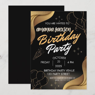 Abstract Black Gold Swirl Birthday Invitation