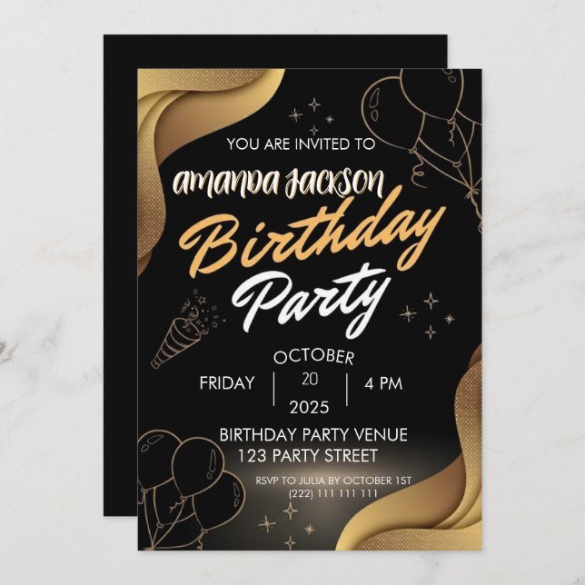 Abstract Black Gold Swirl Birthday Invitation (Front/Back)