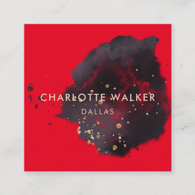 Abstract Black Gold Watercolor Splatter Square Business Card (Front)