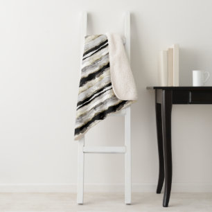 Abstract Black & Gold Watercolor Stripes Sherpa Blanket