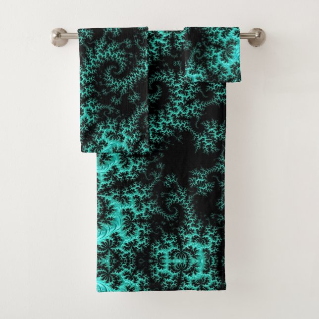 Abstract Black Green Fractal Bath Towel Set (Insitu)