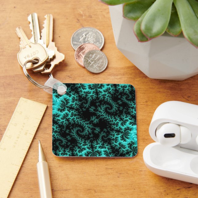 Abstract Black Green Fractal Pattern Key Ring (Desk)