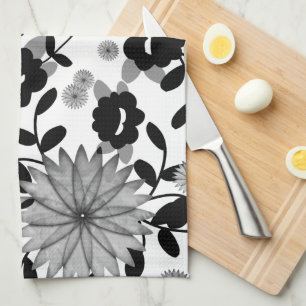 Abstract Black & Grey Digital Florals on White Kit Tea Towel