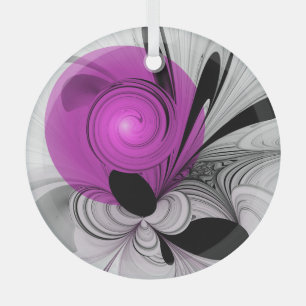 Abstract Black Grey With Magenta Fractal Art Glass Tree Decoration
