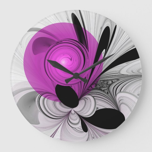 Abstract Black Grey With Magenta Fractal Art Large Clock (Front)