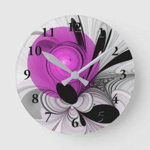 Abstract Black Grey With Magenta Fractal Art Round Clock