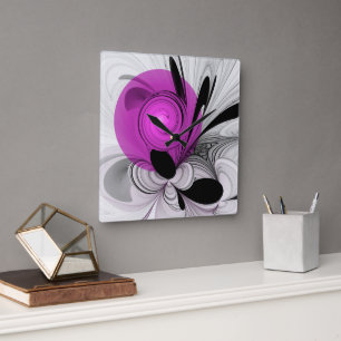 Abstract Black Grey With Magenta Fractal Art Square Wall Clock