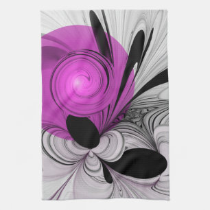 Abstract Black Grey With Magenta Fractal Art Tea Towel
