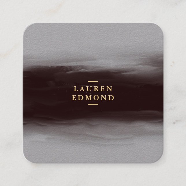 Abstract Black Ink Brushstroke Premium Grey Square Business Card (Front)