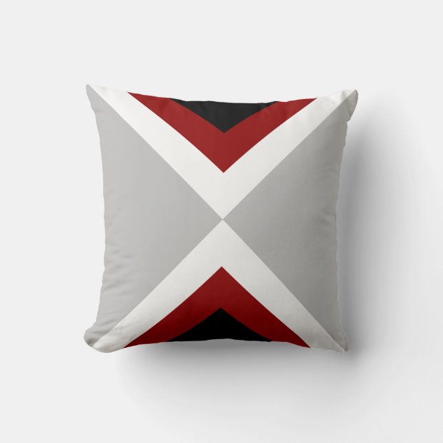 Abstract Black Red & White Shapes on Grey Cushion (Front)