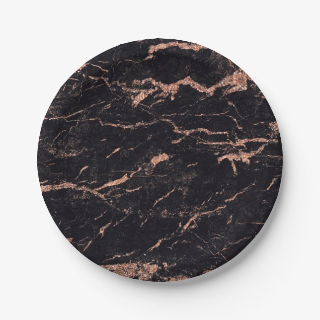 Abstract Black Rose Gold Glitter Marble Glam Vip Paper Plate (Front)